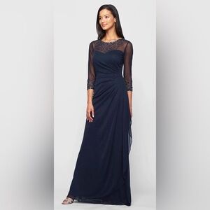 Alex Evenings Beaded Illusion Sweetheart Neck A-line Navy Blue Dress Gown
